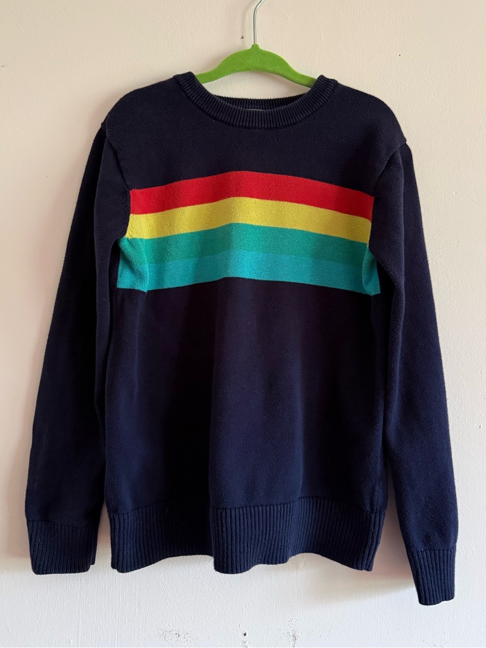 Primary Navy Crewneck Sweater with Red, Yellow & Teal Stripes